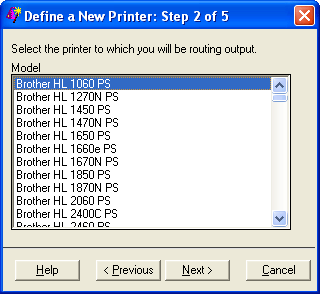 [Printer Definition Window to Select Printer Model]