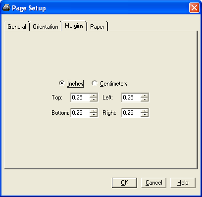 Page Setup Window Displaying the Margins Tab