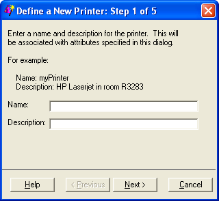 Printer Definition Window to Enter Name and Description