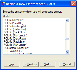Printer Definition Window to Select Printer Model