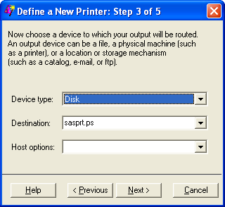 Printer Definition Window to Select Output Device