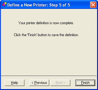 Printer Definition Window to Complete Process