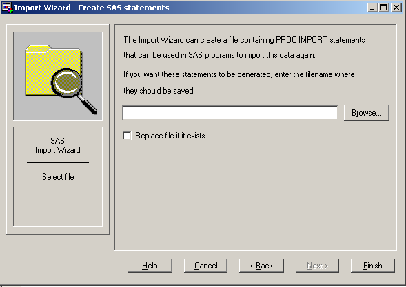 Import Wizard: Create SAS statements window