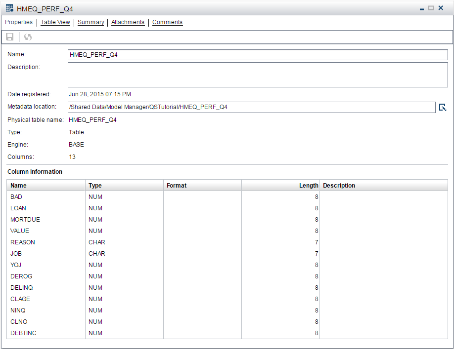 Display showing the table properties page for the HMEQ_PERF_Q4 table