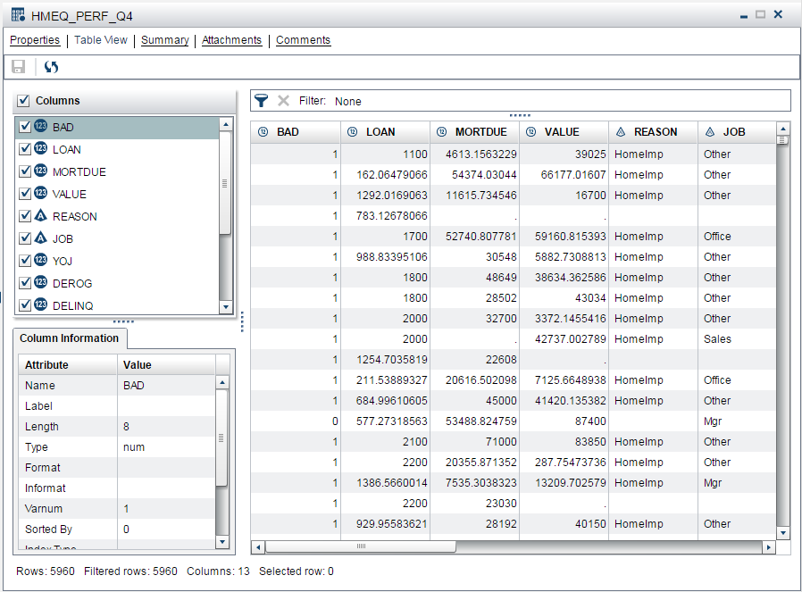 Display showing the Table View page for the HMEQ_PERF_Q4 page