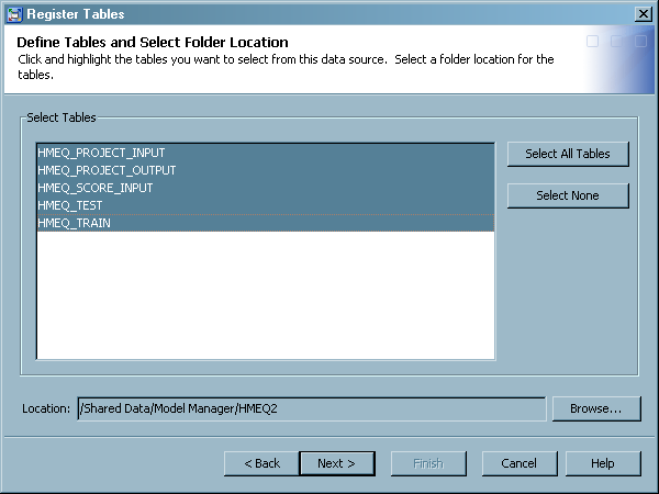 Register Tables Selection Window