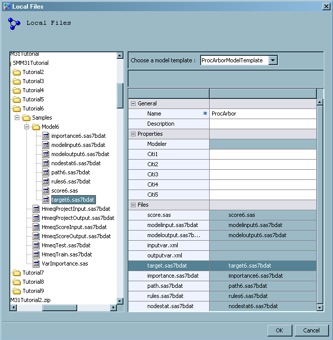 The Local Files dialog box with the new model template fields complete.