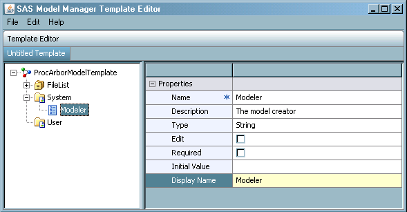 The template editor after adding a system property.