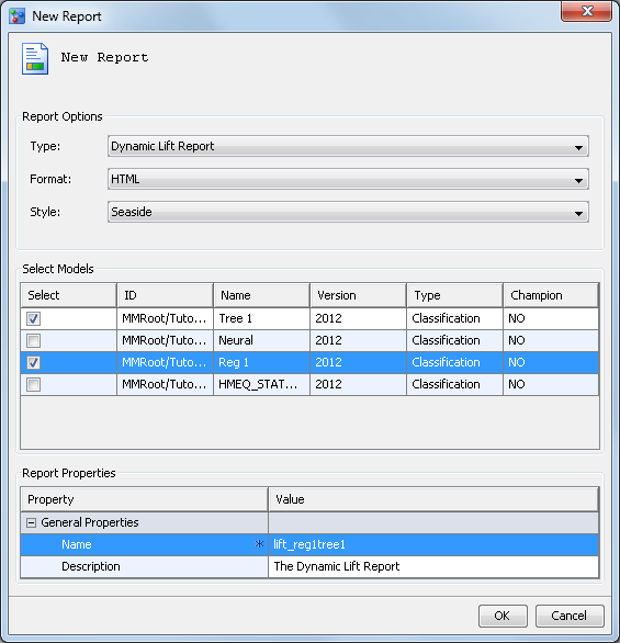 New Report wizard to create dynamic lift report