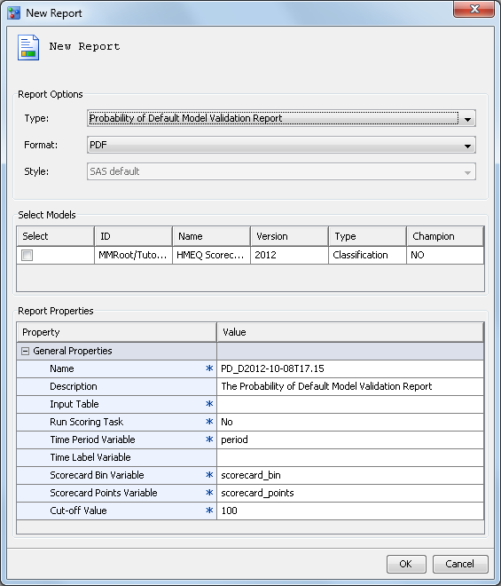 New Report Wizard for Probability of Default Model Validation Report