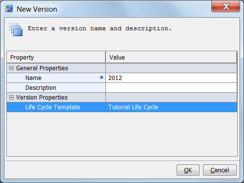 The life cycle template in the New Version window.