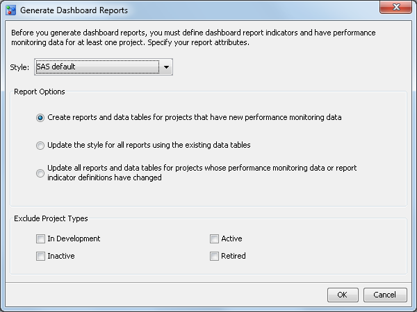 Generate Dashboard Reports window