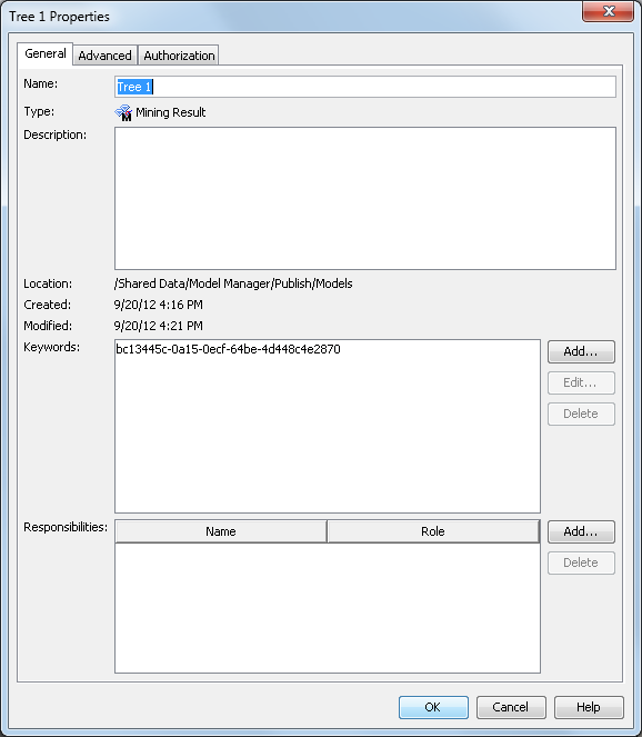 General properties for model exported to SAS Metadata Repository