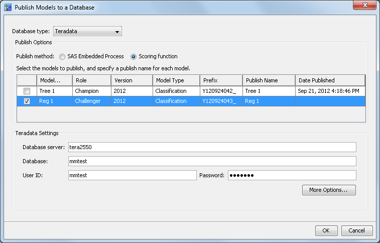 Publish Models to Database window with populated content