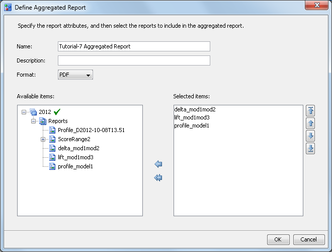 Define Aggregated Report window – reports selected