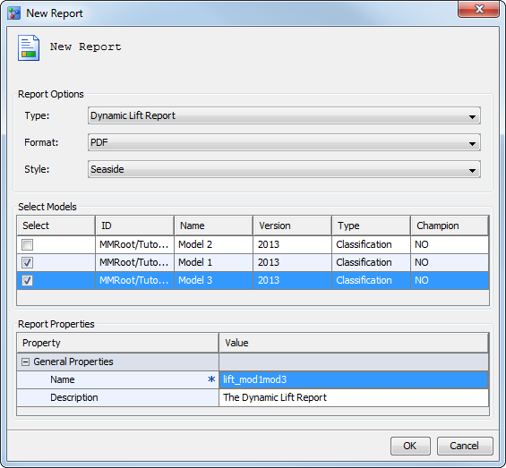 New Report wizard to create dynamic lift report