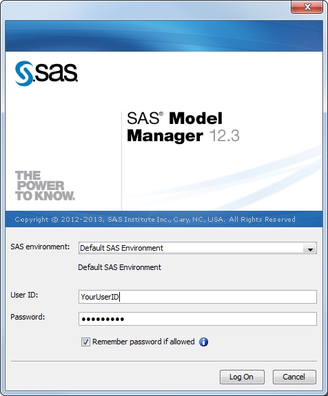 SAS Model Manager opening dialog box