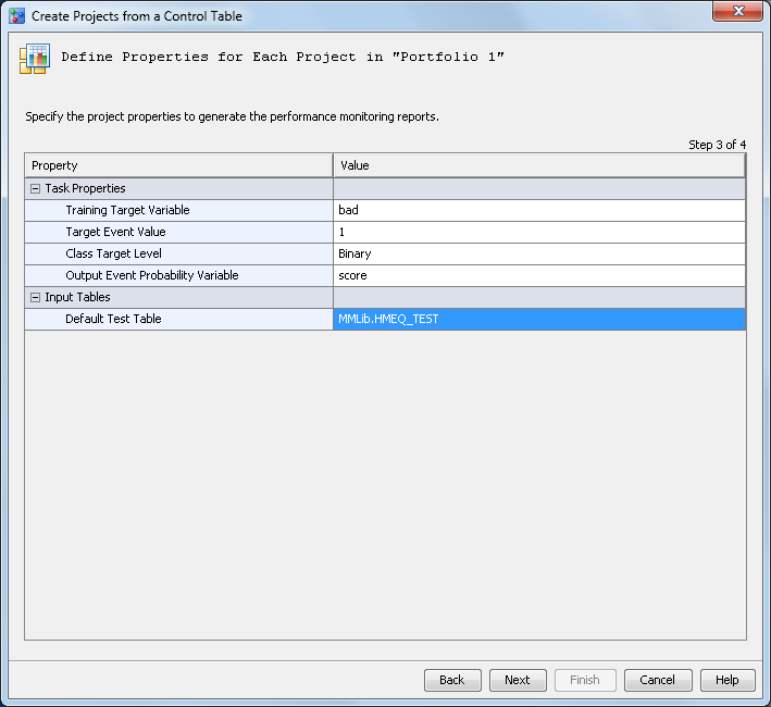 Define Properties for Each Project in the Control Group – completed view