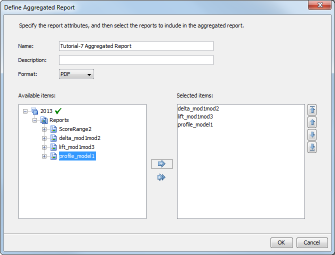 Define Aggregated Report window – reports selected