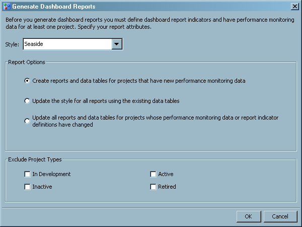 Generate Dashboard Reports window