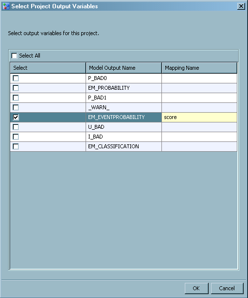Select Project Output Variables Window