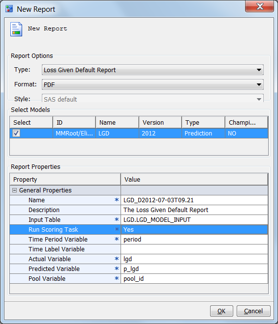 New Report Window for a Loss Given Default Report