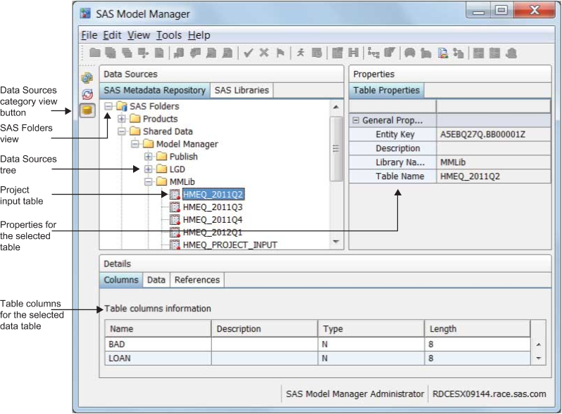 SAS Model Manager Data Sources Category View