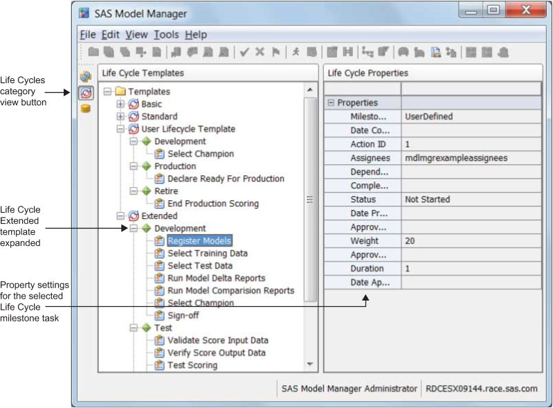 SAS Model Manager Life Cycle Category View