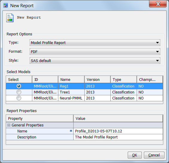 The New Report Window Model Profile Report