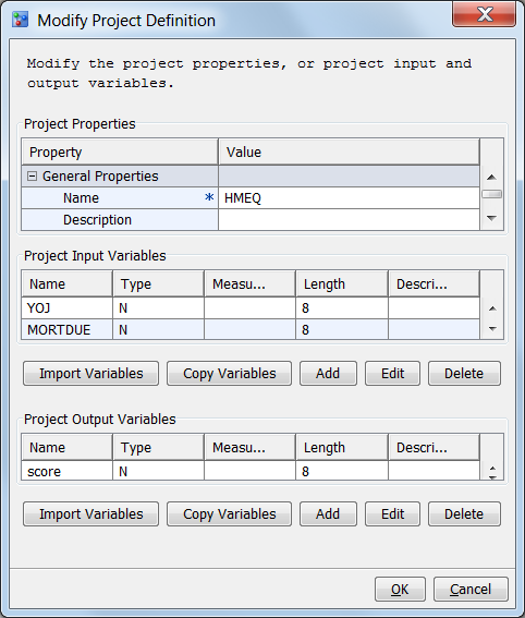 Modify Project Definition window