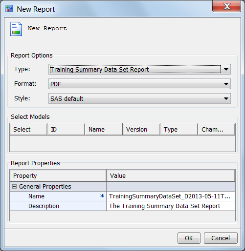 New Report Window for Training Summary Data Set Report