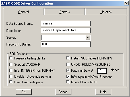 SAS ODBC Driver Configuration dialog box