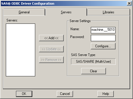 Servers tab with a SAS/SHARE server defined.