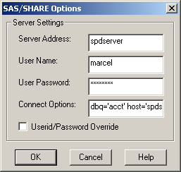SAS/SHARE Options dialog box with SPD Server information.