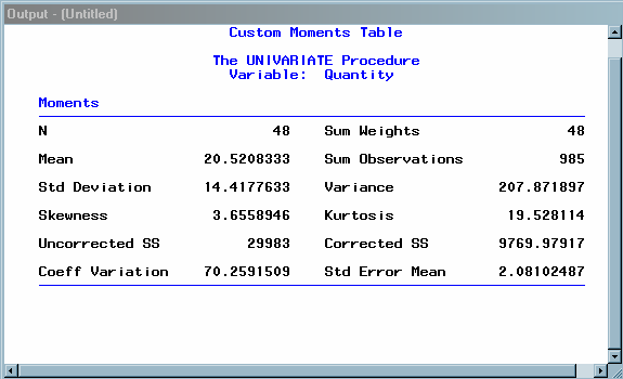 [Listing Output (Customized Moments Table) from PROC UNIVARIATE]