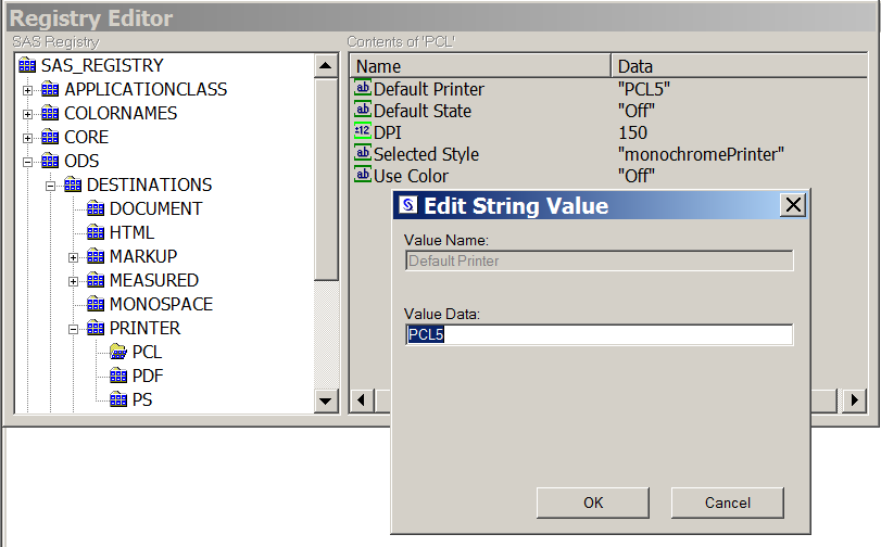 Default PCL Printer Value Change in the Registry Editor Window