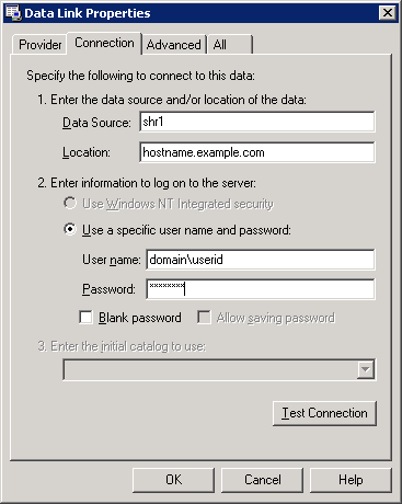 Data Link Properties Generic Connection Tab