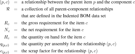 (p,c) & = & {a relationship between the parent item p\space and the component c}...   ...ionship (p,c)} \   e_{(p,c)} & = & {the scrap factor for the relationship (p,c)} 