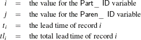 \begin{eqnarray*}  i &  = &  \mbox{the value for the }\Variable{Part\_ ID}\text { variable} \\ j &  = &  \mbox{the value for the }\Variable{Paren\_ ID}\text { variable} \\ t_{i} &  = &  \mbox{the lead time of record $i$} \\ tl_{i} &  = &  \mbox{the total lead time of record $i$} \end{eqnarray*}