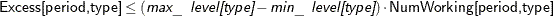 \[  \Variable{Excess[period,type]} \le (\Argument{max\_ level[type]} - \Argument{min\_ level[type]}) \cdot \Variable{NumWorking[period,type]}  \]