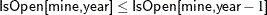 \[  \Variable{IsOpen[mine,year]} \le \Variable{IsOpen[mine,year}-1\Variable{]}  \]