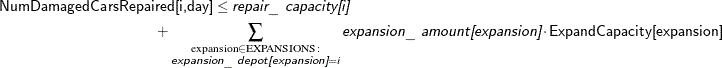 \begin{multline*} \Variable{NumDamagedCarsRepaired[i,day]} \le \Argument{repair\_ capacity[i]} \\ + \sum _{\substack{\text {expansion} \in \text {EXPANSIONS}:\\ \Argument{expansion\_ depot[expansion]} = i}} \Argument{expansion\_ amount[expansion]} \cdot \Variable{ExpandCapacity[expansion]} \end{multline*}