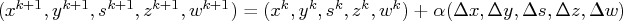 (x^{k+1}, y^{k+1}, s^{k+1}, z^{k+1}, w^{k+1}) =   (x^k, y^k, s^k, z^k, w^k) +   \alpha (\delta x, \delta y, \delta s, \delta z, \delta w)