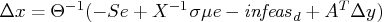 \delta x = \theta^{-1}(-s e + x^{-1} \sigma \mu e - {infeas}_d + a^t \delta y)