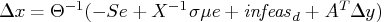 \delta x = \theta^{-1}(-s e + x^{-1} \sigma \mu e + {infeas}_d + a^t \delta y)