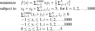 \[ \begin{array}{ll} \displaystyle \mathop \textrm{minimize}&  f(x) = \sum _{i=1}^{1000} x_ i y_ i + \frac{1}{2}\sum _{j=1}^{5} z_ j^2\\ \textrm{subject\  to}&  x_ k + y_ k + \sum _{j=1}^{5}z_ j = 5, \mbox{ for } k=1,2,\ldots , 1000\\ &  \sum _{i=1}^{1000} (x_ i + y_ i) + \sum _{j=1}^{5} z_ j \ge 6 \\ &  -1 \leq x_ i \leq 1, i=1,2,\ldots , 1000 \\ &  -1 \leq y_ i \leq 1, i=1,2,\ldots , 1000 \\ &  0 \leq z_ i \leq 2, i=1,2,\ldots , 5 \end{array}  \]