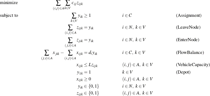 \begin{align*} & \text {minimize} &  \sum _{(i,j) \in A} \sum _{k \in V} c_{ij} z_{ijk}\\ & \text {subject to} &  \sum _{k \in V} y_{ik} &  \geq 1 & &  i \in C & &  \text {(Assignment)}\\ & &  \sum _{(i,j) \in A} z_{ijk} &  = y_{ik} & &  i \in N, \  k \in V & &  \text {(LeaveNode)} \\ & &  \sum _{(j,i) \in A} z_{jik} &  = y_{ik} & &  i \in N, \  k \in V & &  \text {(EnterNode)} \\ & &  \sum _{(j,i) \in A} x_{jik} - \sum _{(i,j) \in A} x_{ijk} &  = d_ i y_{ik} & &  i \in C, \  k \in V & &  \text {(FlowBalance)}\\ & &  x_{ijk} &  \leq L z_{ijk} & &  (i,j) \in A, \  k \in V & &  \text {(VehicleCapacity)} \\ & &  y_{1k} &  = 1 & &  k \in V & &  \text {(Depot)} \\ & &  x_{ijk} &  \geq 0 & &  (i,j) \in A, \  k \in V \\ & &  y_{ik} &  \in \left\{ 0,1\right\}  & &  i \in N, \  k \in V \\ & &  z_{ijk} &  \in \left\{ 0,1\right\}  & &  (i,j) \in A, \  k \in V \end{align*}
