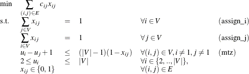 \[ \begin{array}{llllll} \min & \displaystyle \sum _{(i,j) \in E} c_{ij} x_{ij} \\ \mr{s.t.} & \displaystyle \sum _{j \in V} x_{ij} & = & 1 & \forall i \in V & \mr{(assign\_ i)} \\ & \displaystyle \sum _{i \in V} x_{ij} & = & 1 & \forall j \in V & \mr{(assign\_ j)} \\ & u_ i - u_ j + 1 & \leq & (|V|-1)(1-x_{ij}) & \forall (i,j) \in V, i \neq 1, j \neq 1 & \mr{(mtz)}\\ & 2 \leq u_{i} & \leq & |V| & \forall i \in \{ 2,..,|V|\} , \\ & x_{ij} \in \{ 0,1\} & & & \forall (i,j) \in E \end{array} \]