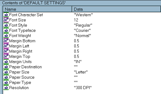 Portion of a Registry Editor Showing Settings for a PostScript
Printer