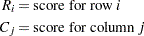 \[ \begin{aligned} \bar{R} & = \sum _ i n_{i \cdot } R_{i} / n & & \mbox{(average row score)} \\ \bar{C} & = \sum _ j n_{\cdot j} C_{j} / n & & \mbox{(average column score)} \end{aligned} \]